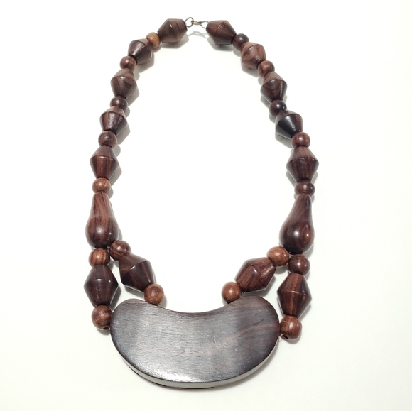 Vintage Chunky Wooden and Brass Statement Necklace - Picture 7 of 12